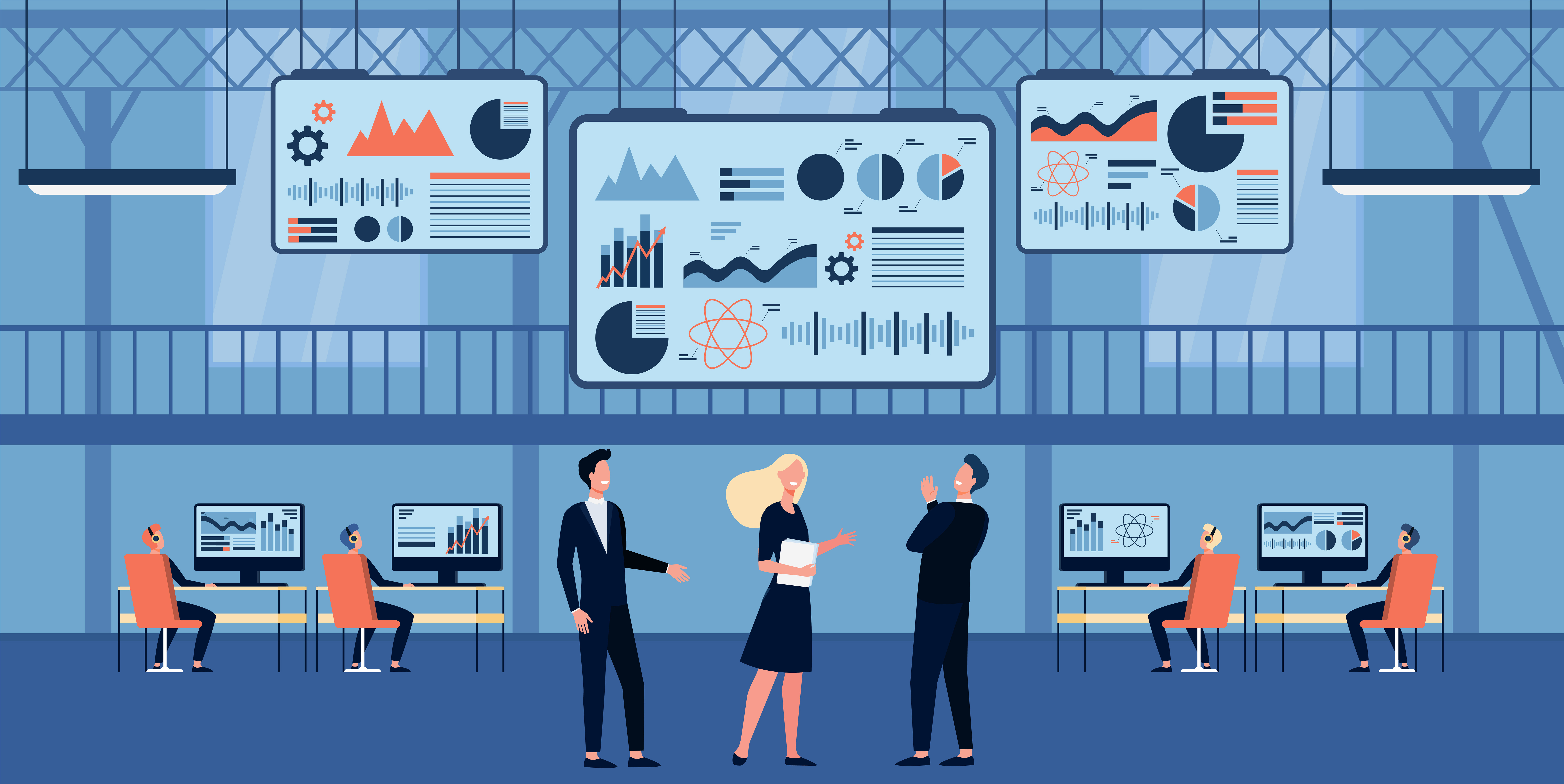 Business people working in control center with big screens flat vector illustration. Cartoon engineers checking security in datacenter. Computer technology and cybersecurity department concept